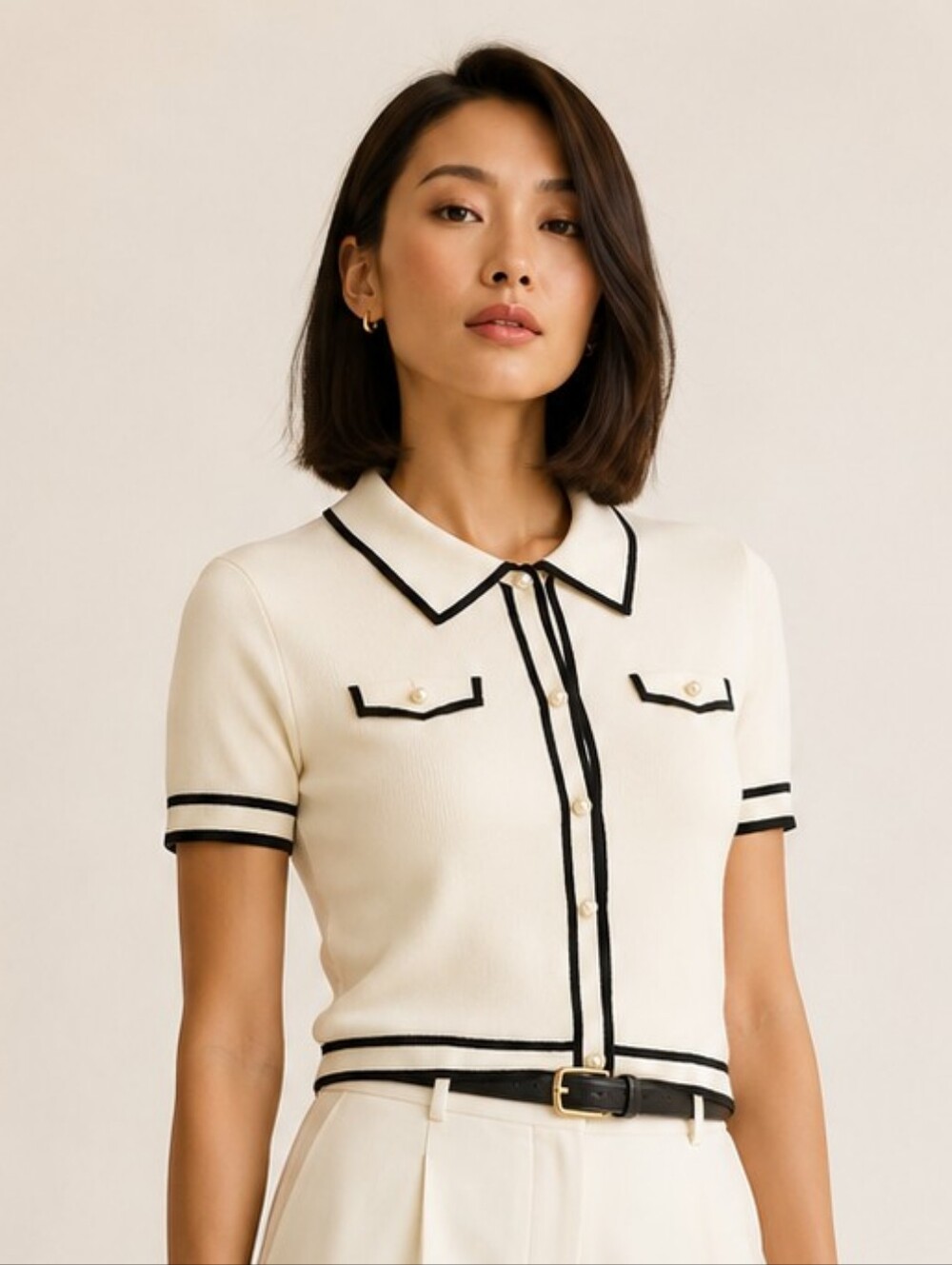 JASON WU CONTRAST TRIM KNIT SHORT SLEEVE SWEATER PEARL BUTTON XS CREAM BLACK